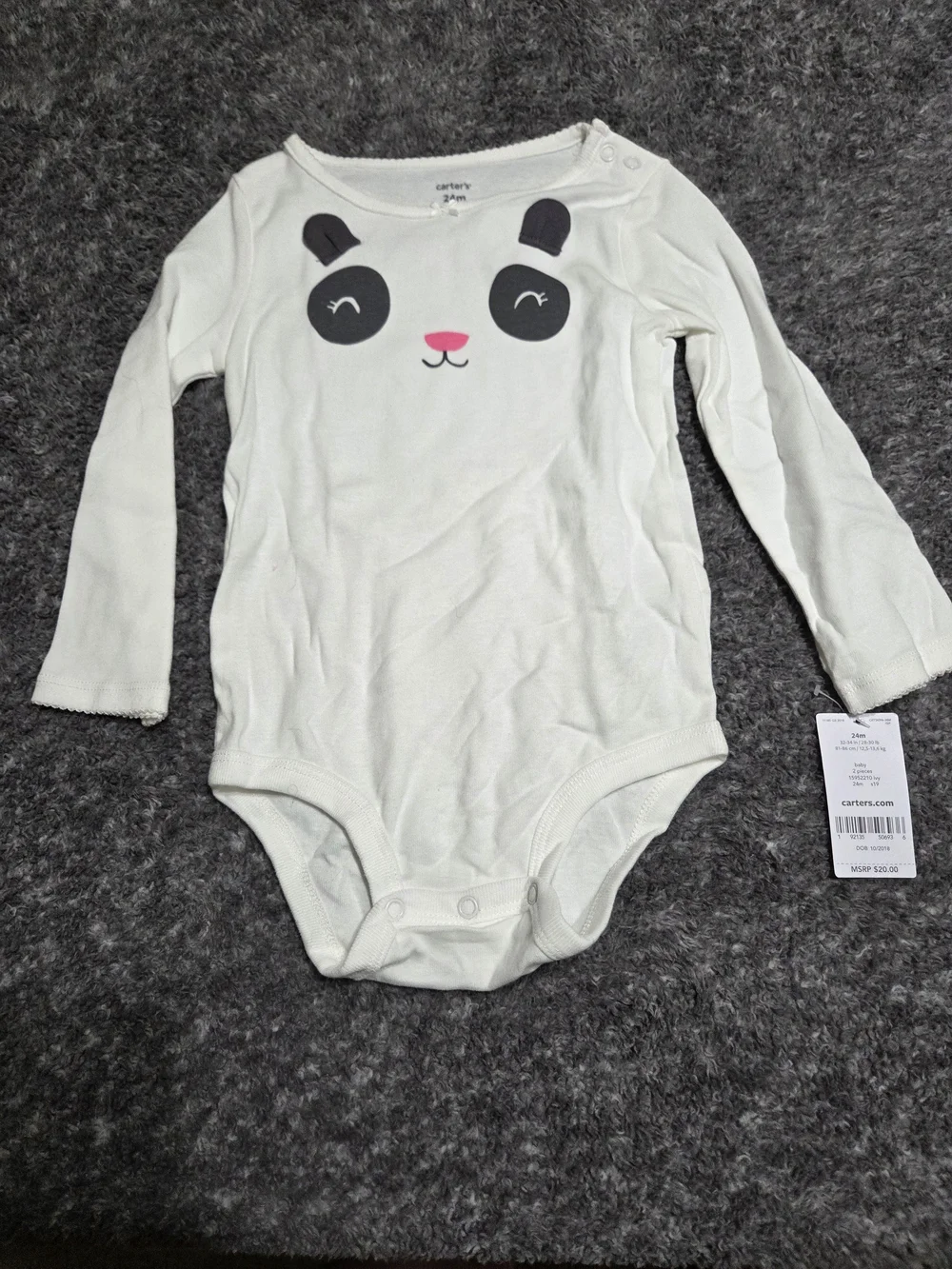 Carter's White Long-Sleeve Panda One-Piece Bodysuit with Black and Pink Accents